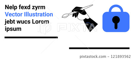Hand holding a paintbrush next to a blue lock suggesting creativity combined with security. Ideal for art, creativity, security, design, and protection themes. Banner for landing page 121893562