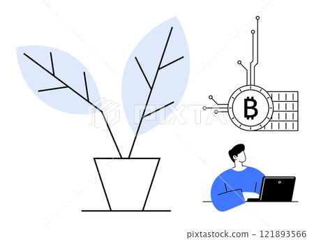 A potted plant with two large leaves, a Bitcoin symbol, and a person working on a laptop. Ideal for themes like cryptocurrency, technological growth, digital economy, innovation, and sustainability 121893566