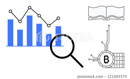 A bar graph and line chart, magnifying glass, open book, and Bitcoin symbol with circuitry. Ideal for financial analysis, education, digital currencies, data visualization, and technology. Simple 121893575