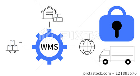 WMS gear with icons for warehouse, lock, globe, delivery and cart. Ideal for logistics, supply chain, automation, global trade, and security. Modern, clean, vector style 121893576
