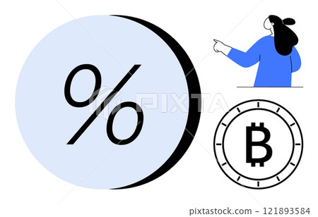 Large percentage symbol, woman pointing, and Bitcoin symbol. Ideal for finance education, investing, cryptocurrency, interest rates, and digital economy. Minimalist graphic style Large percentage symbol, woman pointing, and Bitcoin symbol. Ideal for finance education, investing, cryptocurrency, interest rates, and digital economy. Minimalist graphic style 121893584