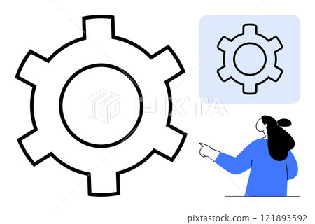 Large gear icon beside smaller version in light blue box with person in blue pointing. Ideal for mechanical engineering technology automation process design presentation. Simple modern style Large gear icon beside smaller version in light blue box with person in blue pointing. Ideal for mechanical engineering technology automation process design presentation. Simple modern style 121893592