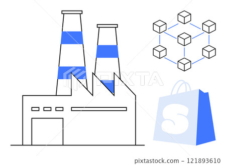 Factory with smokestacks, a network of blocks symbolizing blockchain, and a shopping bag. Ideal for manufacturing, technology, blockchain, e-commerce, and retail industries. Minimalist vector art Factory with smokestacks, a network of blocks symbolizing blockchain, and a shopping bag. Ideal for manufacturing, technology, blockchain, e-commerce, and retail industries. Minimalist vector art 121893610