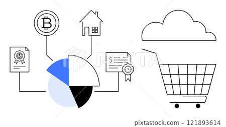 A shopping cart connected to a pie chart via various icons such as a Bitcoin symbol, house, document with a ribbon, and financial certificate. Ideal for financial technology, real estate, investment 121893614