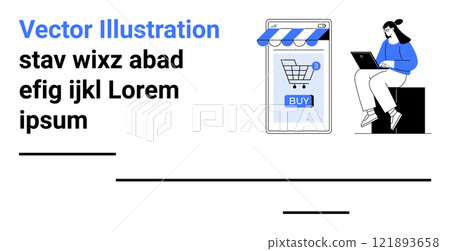 A woman sits on a box using a laptop next to a mobile device showcasing an online shopping cart. Ideal for e-commerce, mobile shopping, online retail, technology and digital marketing. Banner 121893658