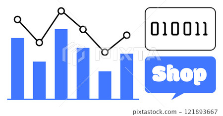 Bar chart in blue and line graph with data points in black. Blue speech bubble with shop text and binary code displayed. Ideal for business analytics, statistics, e-commerce, technology, data Bar chart in blue and line graph with data points in black. Blue speech bubble with shop text and binary code displayed. Ideal for business analytics, statistics, e-commerce, technology, data 121893667