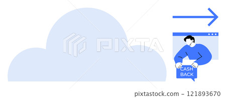 Large cloud shape next to a person holding a cashback sign against a web page. Arrow points to the elements. Ideal for technology, cloud storage, financial benefits, online services, web development 121893670