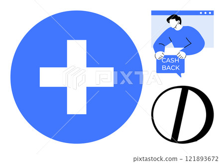Blue medical cross symbol on the left, man in blue holding cashback sign above a browser window on the right, and prohibition sign below. Ideal for healthcare, finance, marketing, restrictions Blue medical cross symbol on the left, man in blue holding cashback sign above a browser window on the right, and prohibition sign below. Ideal for healthcare, finance, marketing, restrictions 121893672
