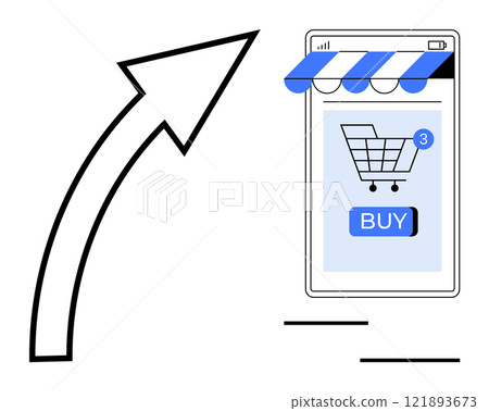 Phone screen with shopping app, cart icon, buy button, blue striped awning, and arrow pointing at app Phone screen with shopping app, cart icon, buy button, blue striped awning, and arrow pointing at app 121893673