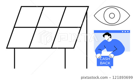 Depiction of solar panels, an eye representing surveillance or vision, and a person receiving cashback. Ideal for renewable energy, financial incentives, online transactions, surveillance, modern 121893699
