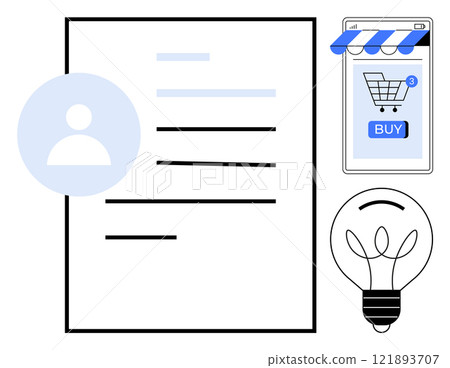 Document with a user profile, smartphone with a shopping cart, and lightbulb. Ideal for business, e-commerce, innovation, technology, and digital marketing. Simple modern vector style Document with a user profile, smartphone with a shopping cart, and lightbulb. Ideal for business, e-commerce, innovation, technology, and digital marketing. Simple modern vector style 121893707