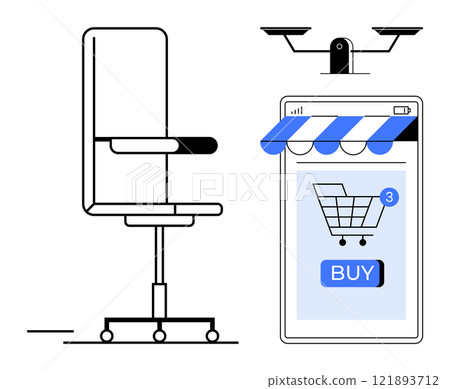 Office chair next to smartphone screen with online shopping cart and buy button. Drones above the phone imply delivery. Ideal for e-commerce, office supplies, online shopping, digital marketplace Office chair next to smartphone screen with online shopping cart and buy button. Drones above the phone imply delivery. Ideal for e-commerce, office supplies, online shopping, digital marketplace 121893712