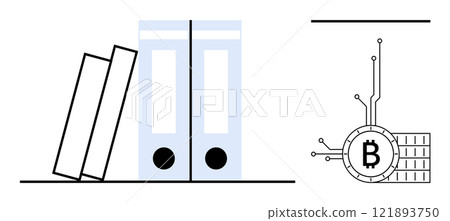 Several books and blue folders are placed on a shelf while a Bitcoin symbol with circuit lines is on the right. Ideal for data storage, cryptocurrency, education, office organization, digital Several books and blue folders are placed on a shelf while a Bitcoin symbol with circuit lines is on the right. Ideal for data storage, cryptocurrency, education, office organization, digital 121893750