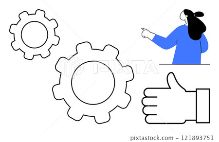 A woman pointing towards gears with a large thumbs-up sign nearby. Ideal for teamwork, approval, collaboration, productivity, mechanics. Clean and modern style 121893751