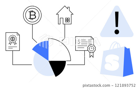 Simple vector illustration including a pie chart, Bitcoin symbol, house, documents, exclamation mark, and shopping bag. Ideal for finance, cryptocurrency, real estate, documentation, and e-commerce 121893752