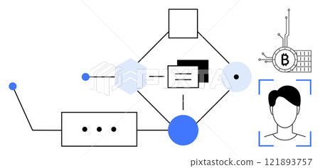 Schematic diagram with geometric shapes, a human face, and a Bitcoin symbol connected by lines. Ideal for blockchain, cryptocurrency, digital identity, network systems, and cybersecurity. Clean 121893757