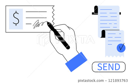 A hand holding a pen is signing a document with a dollar symbol. Nearby, two documents with check marks are ready to be sent. Ideal for finance, transactions, banking, documentation, payment 121893763