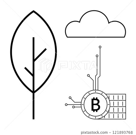 Black and white vector of three symbols a simple leaf, a cloud, and a Bitcoin currency symbol connected with circuit lines on a grid. Ideal for environment, technology, cryptocurrency, nature 121893768
