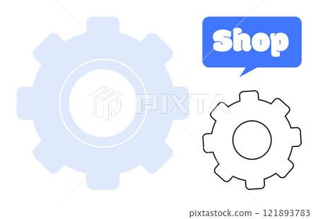 Two gears, one light blue and one black outline. Speech bubble with Shop text. Ideal for mechanics, engineering, shopping, industrial themes, and technological interfaces. Clean and minimal design 121893783