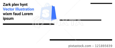 Blue shopping bag with a white S on a partially obscured background accompanied by placeholder text in black and blue. Ideal for e-commerce, online shopping, marketing, promotions 121893839