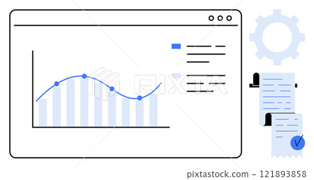 Graph with data points on a screen beside documents and a gear icon. Ideal for business, data analysis, finance, project management, and statistics. Simplistic vector style with blue tones 121893858