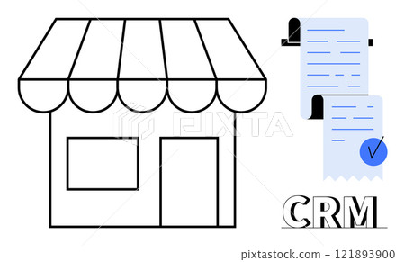 Visible is a small storefront beside a checklist with a checkmark and CRM text. Ideal for business management, customer relations, retail, organizational tools, and sales strategy illustrations Visible is a small storefront beside a checklist with a checkmark and CRM text. Ideal for business management, customer relations, retail, organizational tools, and sales strategy illustrations 121893900