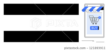 A mobile phone screen showing a shopping cart icon under a blue and white store awning with a buy button. Ideal for e-commerce, mobile shopping, online retail, digital transactions, user interface 121893911