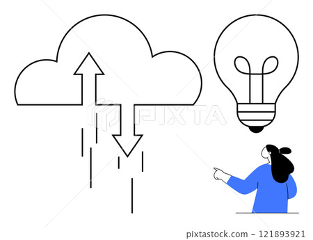 Cloud symbol with arrows and a light bulb above a person. Ideal for technology cloud computing innovation data transfer and new ideas. Simple modern stylized lines 121893921