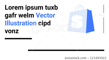 Blue shopping bag icon with sample text. Ideal for online shopping, retail business, e-commerce platforms, digital stores, and marketing campaigns. .Landing page 121893922
