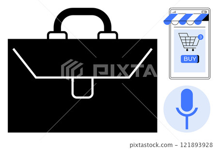 A black briefcase represents traditional business tools. The smartphone with a shopping cart icon and a blue Buy button highlights e-commerce. A blue microphone icon signifies voice command A black briefcase represents traditional business tools. The smartphone with a shopping cart icon and a blue Buy button highlights e-commerce. A blue microphone icon signifies voice command 121893928