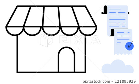 A small shop with an awning is depicted next to a digital receipt with a blue check mark and cloud icon. Ideal for online shopping e-commerce retail business transactions and receipts. Simple clean A small shop with an awning is depicted next to a digital receipt with a blue check mark and cloud icon. Ideal for online shopping e-commerce retail business transactions and receipts. Simple clean 121893929