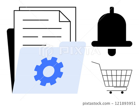 Folder with documents and a blue gear, a notification bell, and a shopping cart in modern flat design. Ideal for productivity, organization, shopping, notifications, and settings themes Folder with documents and a blue gear, a notification bell, and a shopping cart in modern flat design. Ideal for productivity, organization, shopping, notifications, and settings themes 121893951