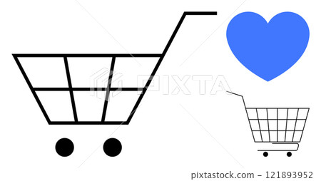 Combination of a shopping cart and a blue heart. Ideal for ecommerce love consumerism retail satisfaction online shopping and customer loyalty. Minimalist and modern style Combination of a shopping cart and a blue heart. Ideal for ecommerce love consumerism retail satisfaction online shopping and customer loyalty. Minimalist and modern style 121893952