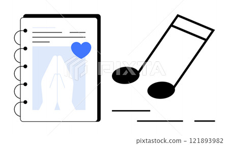 Notebook with prayer hands and blue heart, beside musical notes. Ideal for faith, music, journaling, spirituality, worship. Clean, minimalistic style 121893982