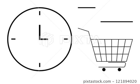 Large clock beside a shopping cart. Ideal for themes time management, shopping efficiency, online shopping, delivery schedules, urgency. Simple vector style with black line art on white background 121894020