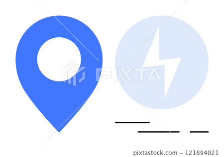 Minimalistic blue location pin next to a light blue lightning bolt icon inside a circle on a white background with black lines beneath. Ideal for navigation apps travel energy themes technology Minimalistic blue location pin next to a light blue lightning bolt icon inside a circle on a white background with black lines beneath. Ideal for navigation apps travel energy themes technology 121894021