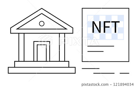 Design with a bank building next to an NFT certificate. Ideal for cryptocurrency, finance, blockchain technology, digital art, and fintech showcases. Simple lines, modern style 121894034