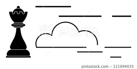 A black chess king stands beside a cloud with horizontal lines in a minimalistic black and white design. Ideal for strategy themes game concepts leadership planning and simplicity illustrations 121894035