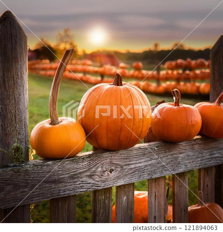 Wooden fence lined with pumpkins 121894063