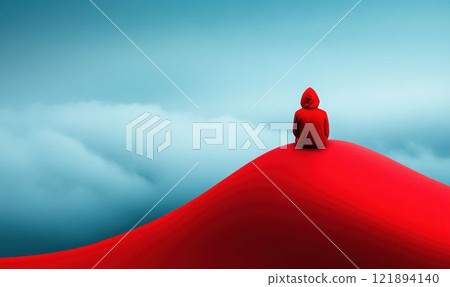 Hooded Figure in Red Overlooking Endless Blue Sky from Mountain Peak Hooded Figure in Red Overlooking Endless Blue Sky from Mountain Peak 121894140