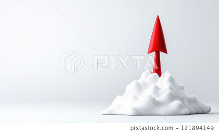 Red Arrow Emerging from a Smooth White Surface 121894149