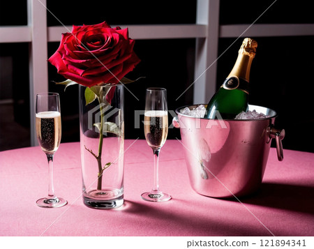 A blooming red rose flower with green leaf in the vase with champagne bottle in metal ice bucket and two champagne glasses. 121894341