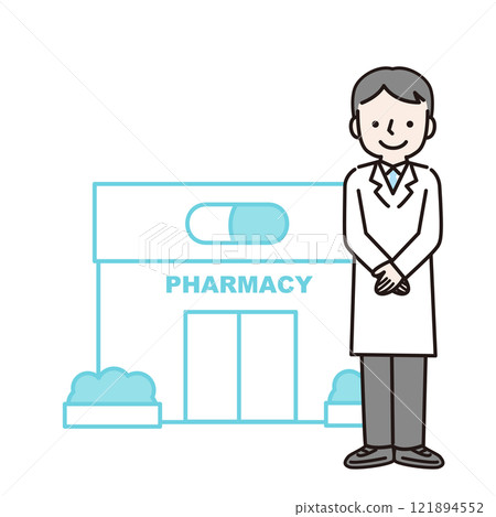 Pharmacy and a man in a white coat: Illustration material Pharmacy and a man in a white coat: Illustration material 121894552