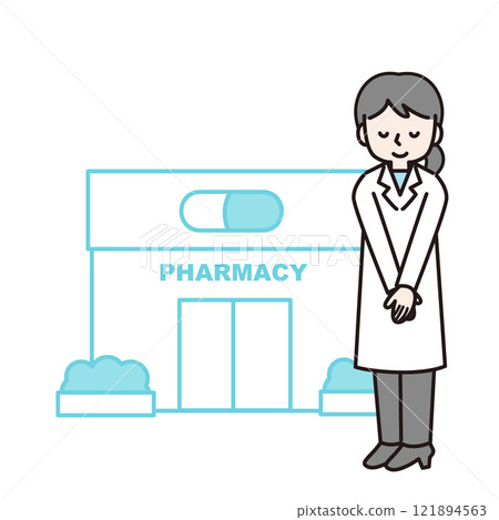 一位身穿白大褂的女士向藥局鞠躬:插圖素材 一位身穿白大褂的女士向藥局鞠躬:插圖素材 121894563