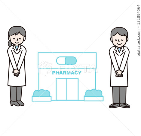藥局和穿白大褂的男女鞠躬:插圖素材 藥局和穿白大褂的男女鞠躬:插圖素材 121894564