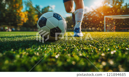 Close-up soccer ball being kicked by a players foot in football stadium. AI-generated item 121894685