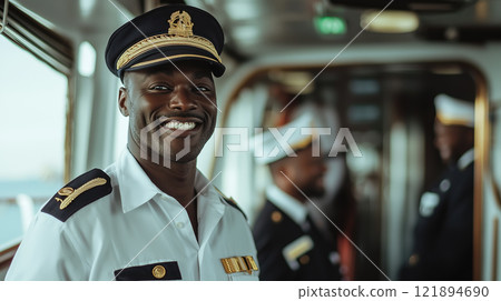 Smiling ferry captain stand on deck warmly greeting passengers. AI-generated item 121894690