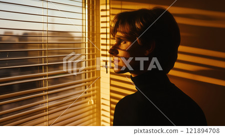 Young man in black turtleneck sweater looking to window. AI-generated item 121894708