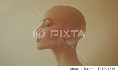 Portrait of bald woman over beige background. AI-generated item 121894716