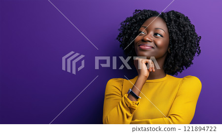 Young black woman looking up to copy space on purple background. AI-generated item 121894722